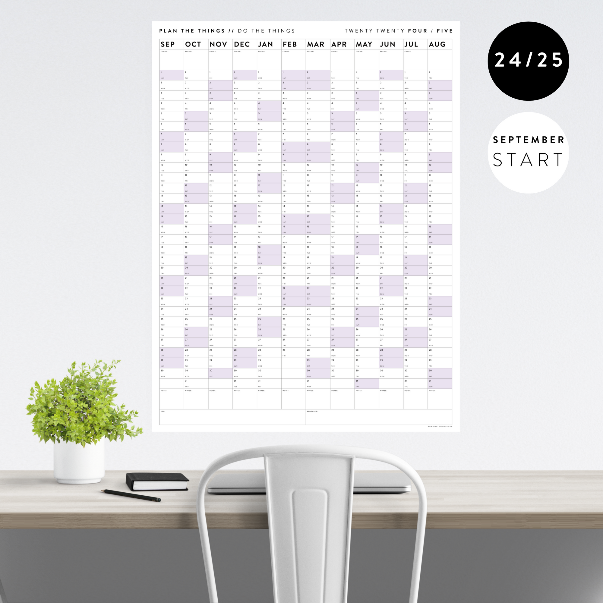 2024 - 2025 ACADEMIC WALL CALENDAR (SEPTEMBER START) | VERTICAL WITH PURPLE WEEKENDS