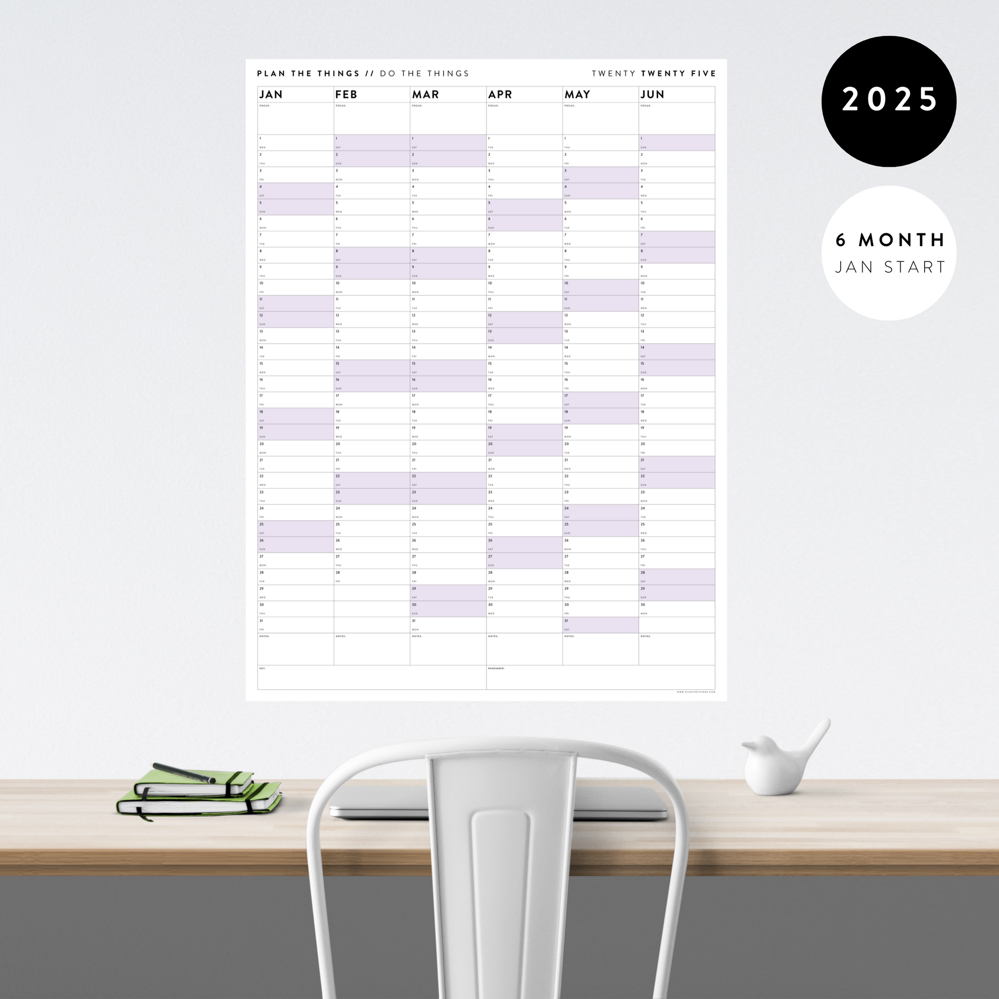 SIX MONTH 2025 GIANT WALL CALENDAR (JANUARY TO JUNE)  WITH PURPLE WEEKENDS