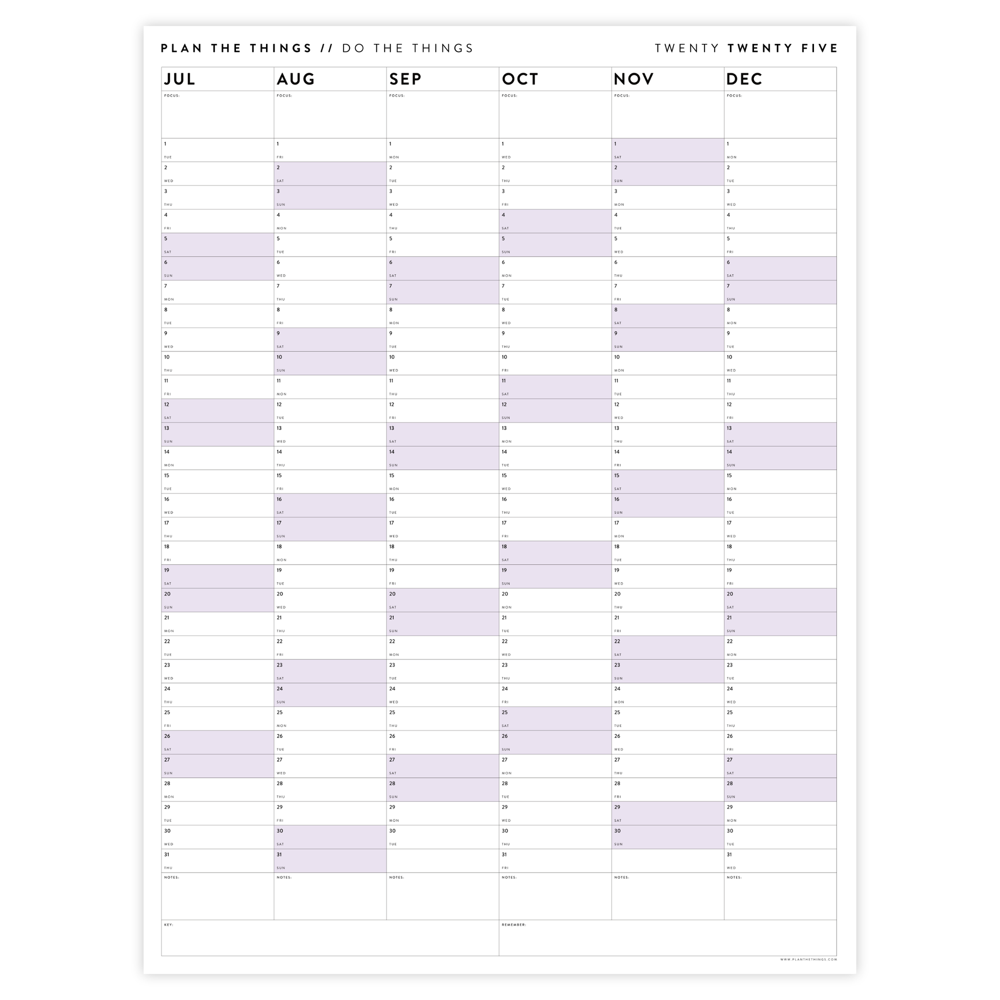 SIX MONTH 2025 GIANT WALL CALENDAR (JULY TO DECEMBER) WITH PURPLE WEEKENDS