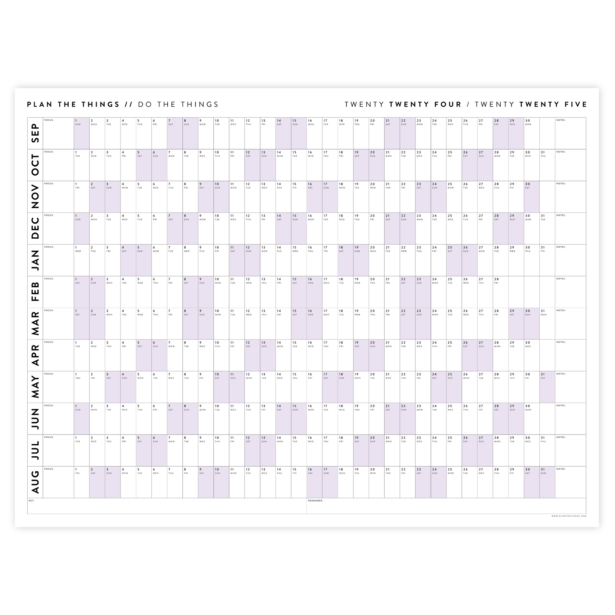 2024 - 2025 ACADEMIC WALL CALENDAR (SEPTEMBER START) | HORIZONTAL WITH PURPLE WEEKENDS