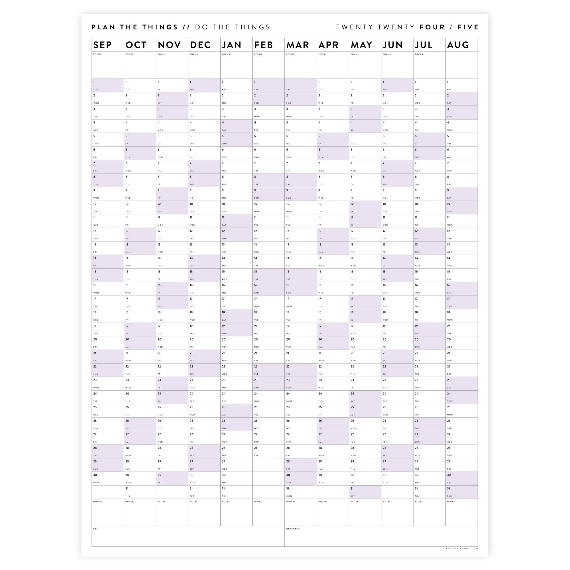 2024 - 2025 ACADEMIC WALL CALENDAR (SEPTEMBER START) | VERTICAL WITH PURPLE WEEKENDS