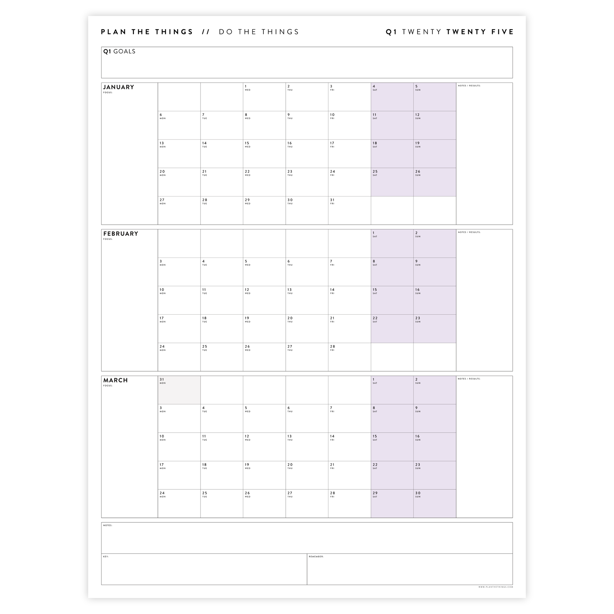 Q1 2025 QUARTERLY GIANT WALL CALENDAR (JANUARY - MARCH 2025) - PURPLE WEEKENDS