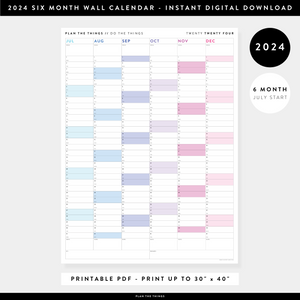 PRINTABLE SIX MONTH 2024 WALL CALENDAR (JULY TO DECEMBER) WITH RAINBOW WEEKENDS - INSTANT DOWNLOAD