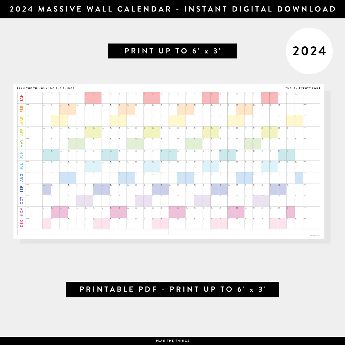 PRINTABLE 6' x 3' MASSIVE 2024 WALL CALENDAR WITH RAINBOW WEEKENDS - I ...