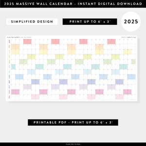 PRINTABLE 6' x 3' MASSIVE 2025 SIMPLIFIED  WALL CALENDAR WITH RAINBOW WEEKENDS - INSTANT DOWNLOAD