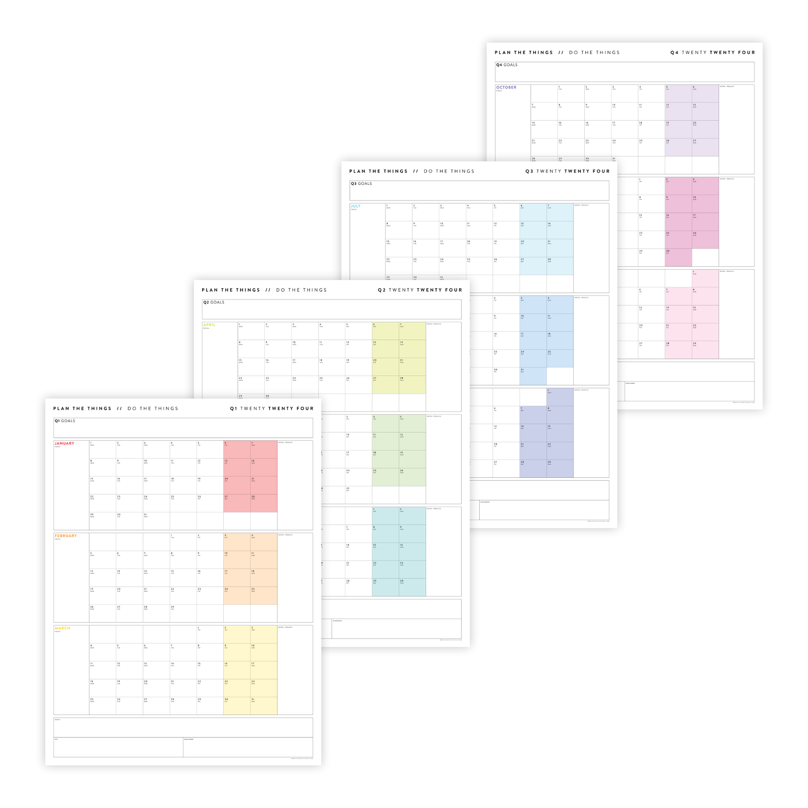 PRINTABLE 2024 Q1 + Q2 + Q3 + Q4 QUARTERLY CALENDAR FULL YEAR SET // I ...