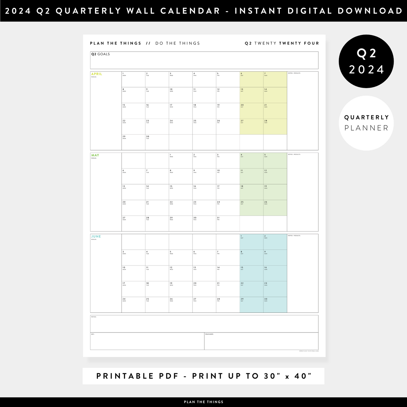 PRINTABLE 2024 Q2 (APRIL JUNE) QUARTERLY CALENDARS // INSTANT DOWNLO