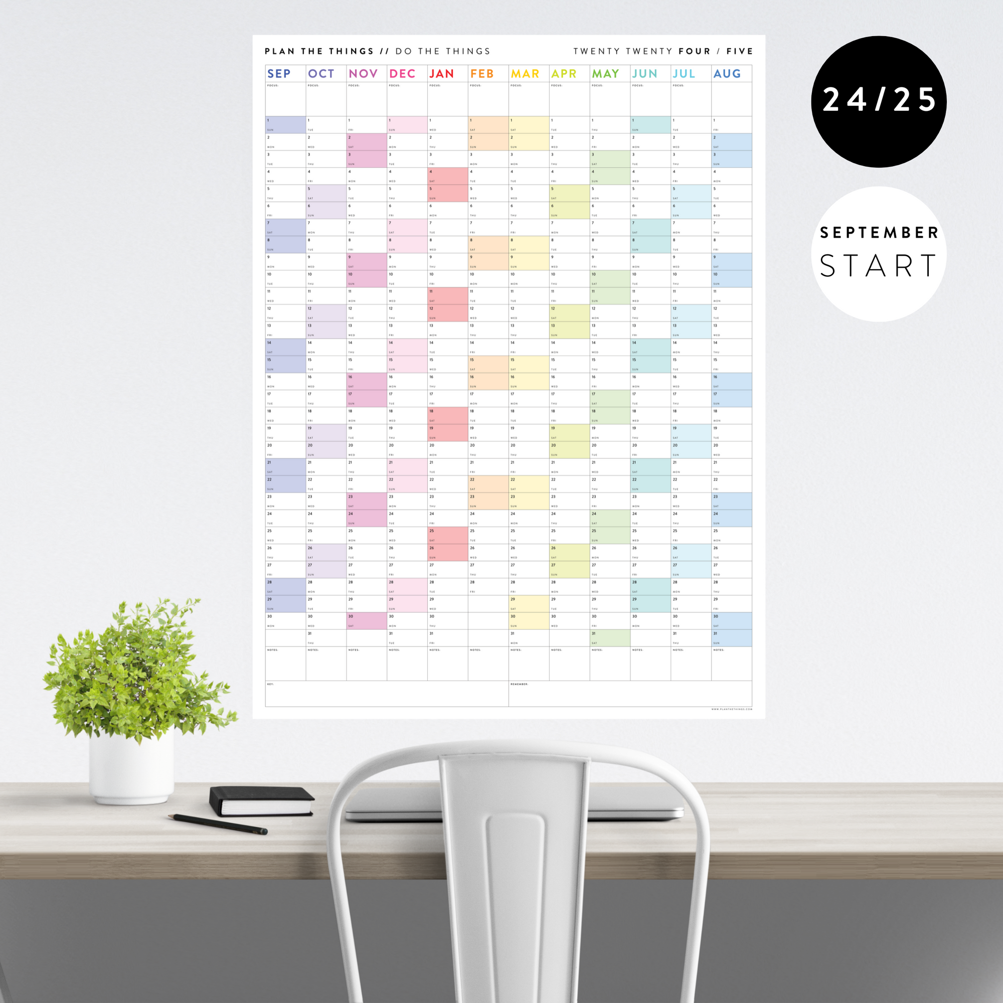 2024 - 2025 ACADEMIC WALL CALENDAR (SEPTEMBER START) | VERTICAL WITH RAINBOW WEEKENDS