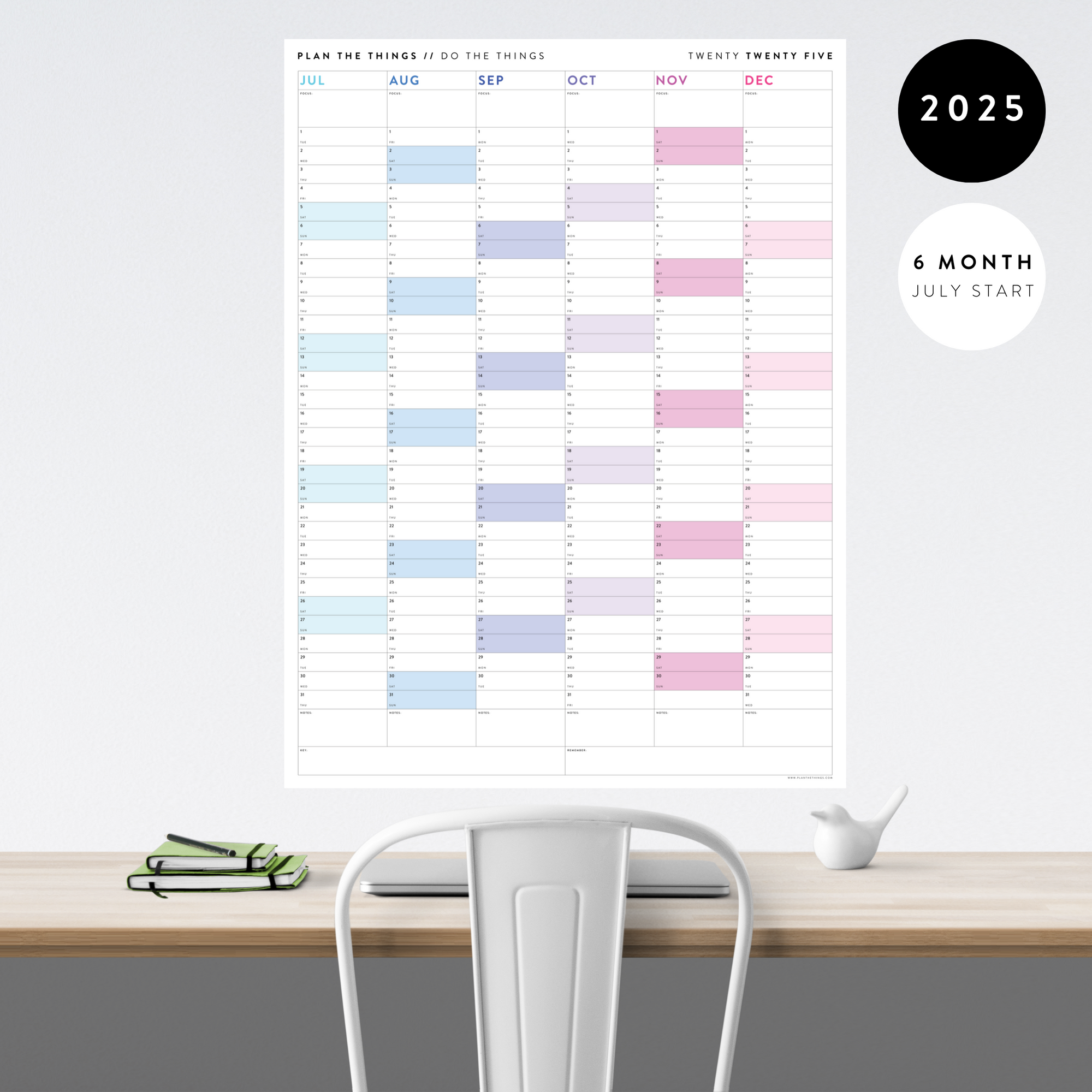 SIX MONTH 2025 GIANT WALL CALENDAR (JULY TO DECEMBER) WITH RAINBOW WEEKENDS