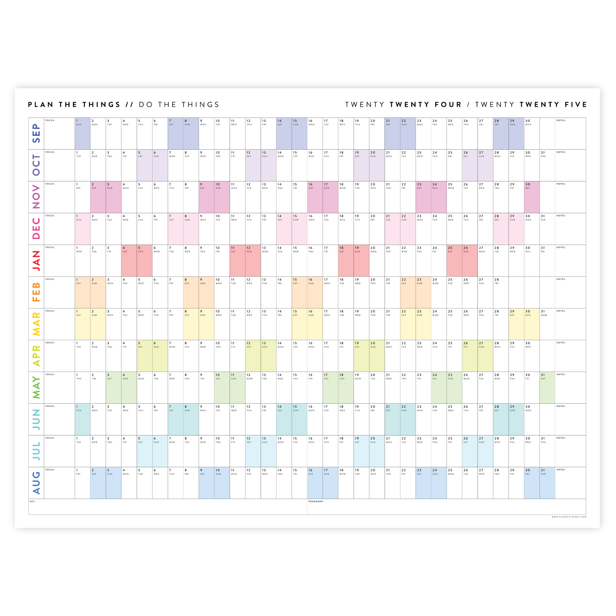 2024 - 2025 ACADEMIC WALL CALENDAR (SEPTEMBER START) | HORIZONTAL WITH RAINBOW WEEKENDS