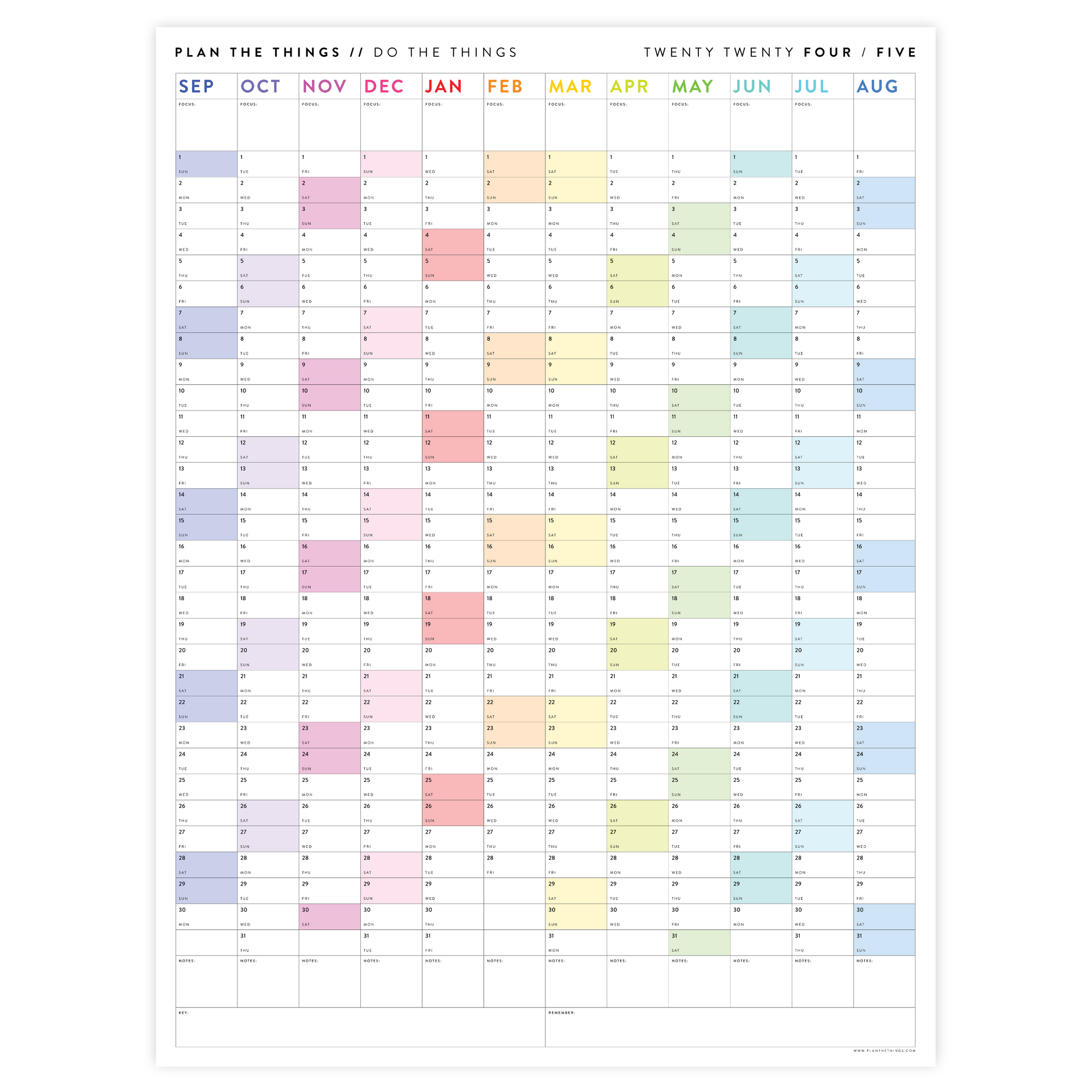 2024 - 2025 ACADEMIC WALL CALENDAR (SEPTEMBER START) | VERTICAL WITH RAINBOW WEEKENDS