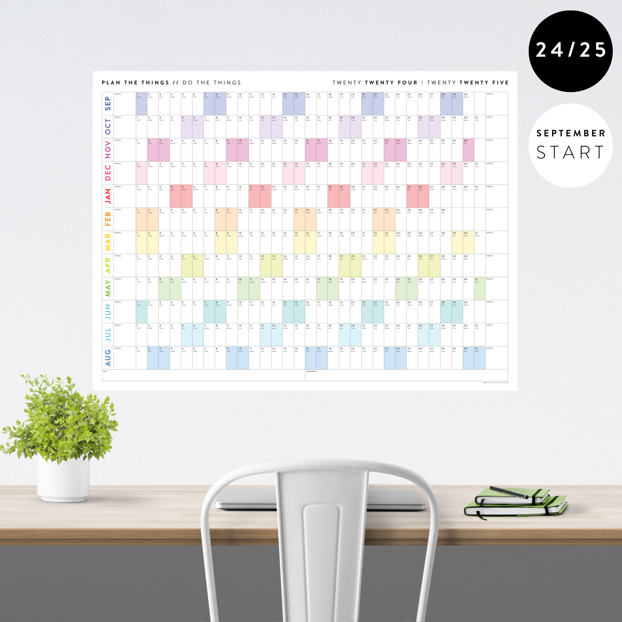 2024 - 2025 ACADEMIC WALL CALENDAR (SEPTEMBER START) | HORIZONTAL WITH RAINBOW WEEKENDS