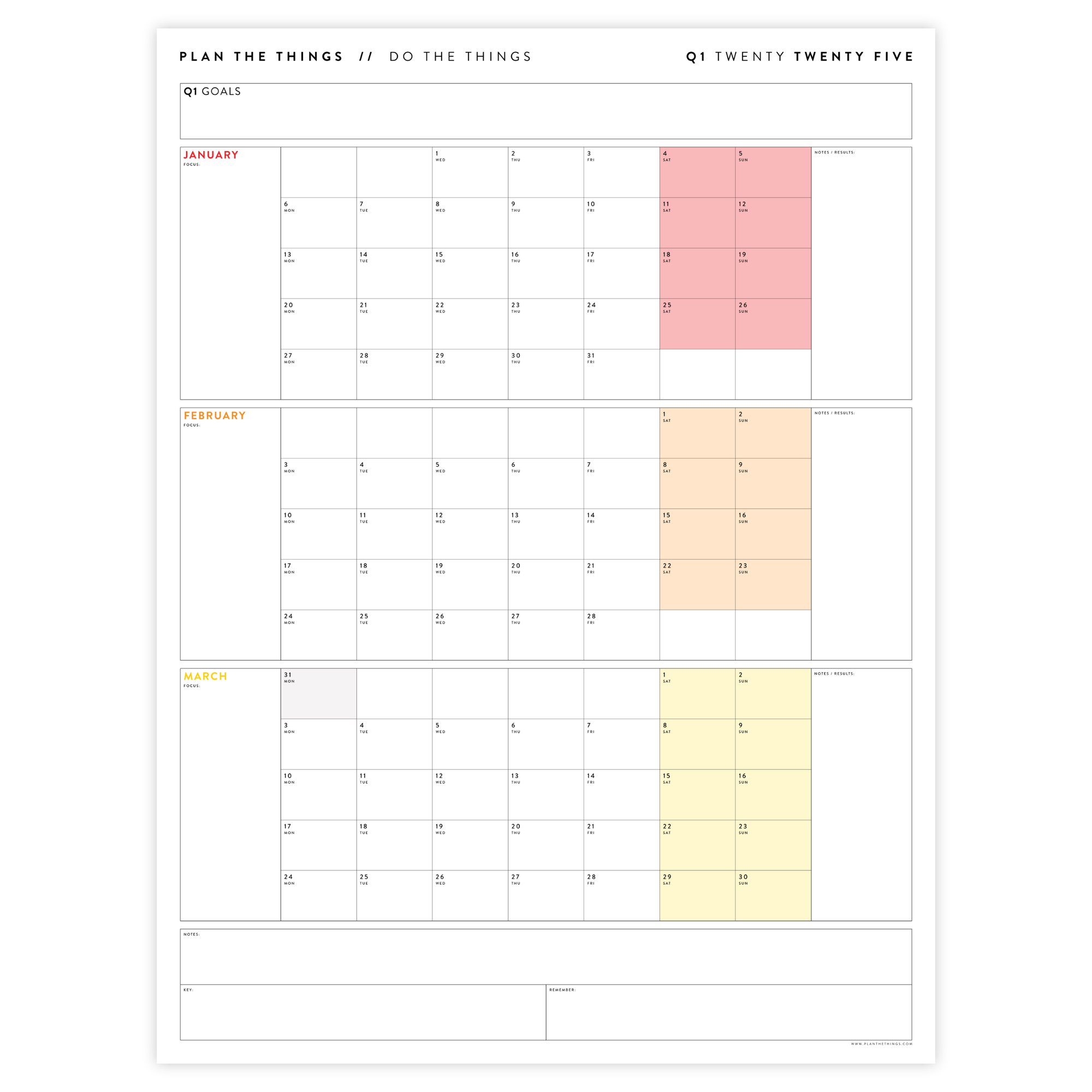 Q1 2025 QUARTERLY GIANT WALL CALENDAR (JANUARY - MARCH 2025) - RAINBOW WEEKENDS