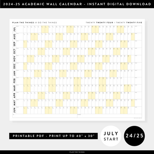 PRINTABLE 2024 - 2025 ACADEMIC WALL CALENDAR (JULY START) | HORIZONTAL WITH YELLOW WEEKENDS - INSTANT DOWNLOAD
