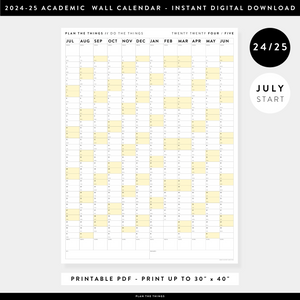 PRINTABLE 2024 - 2025 ACADEMIC WALL CALENDAR (JULY START) | VERTICAL WITH YELLOW WEEKENDS - INSTANT DOWNLOAD