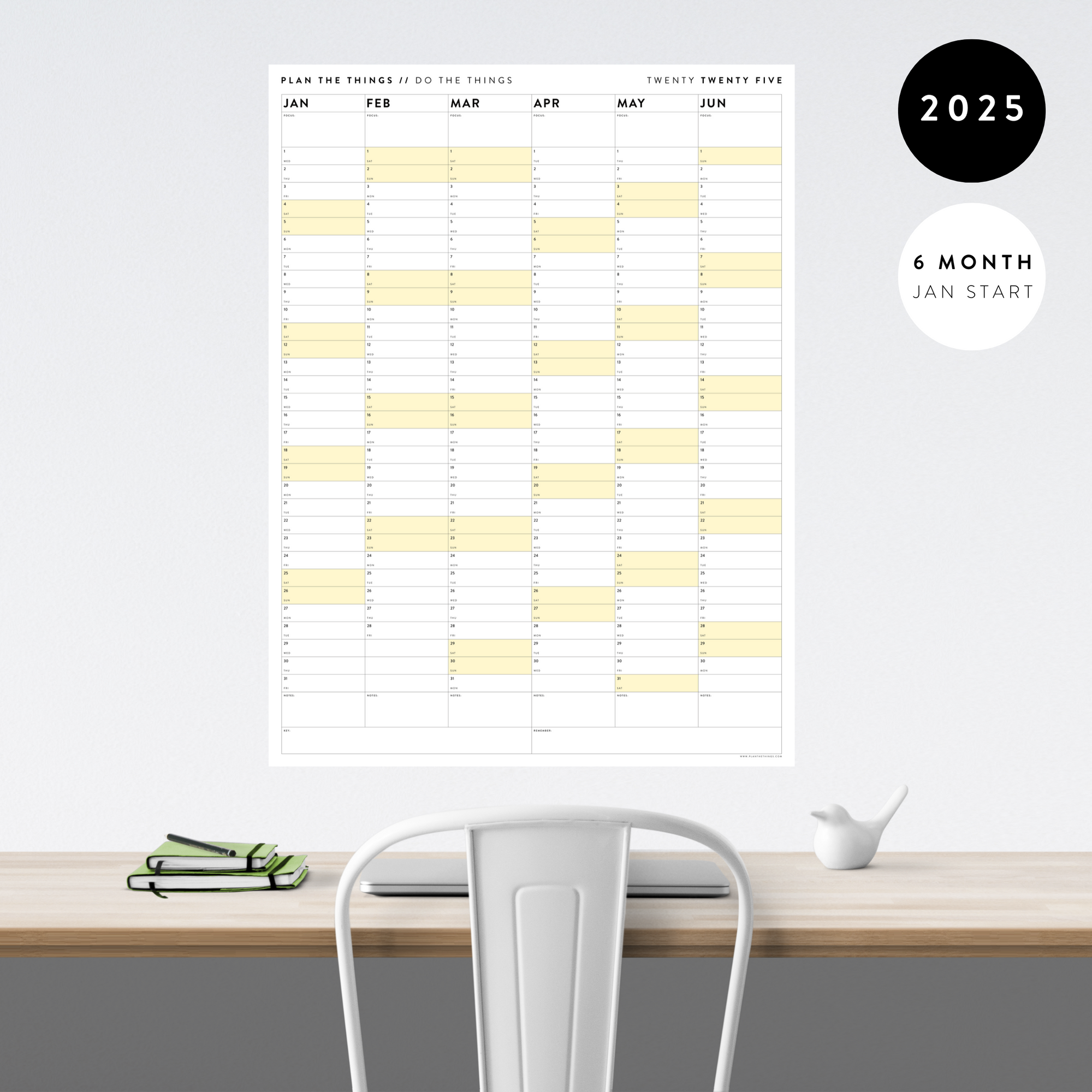 SIX MONTH 2025 GIANT WALL CALENDAR (JANUARY TO JUNE)  WITH YELLOW WEEKENDS
