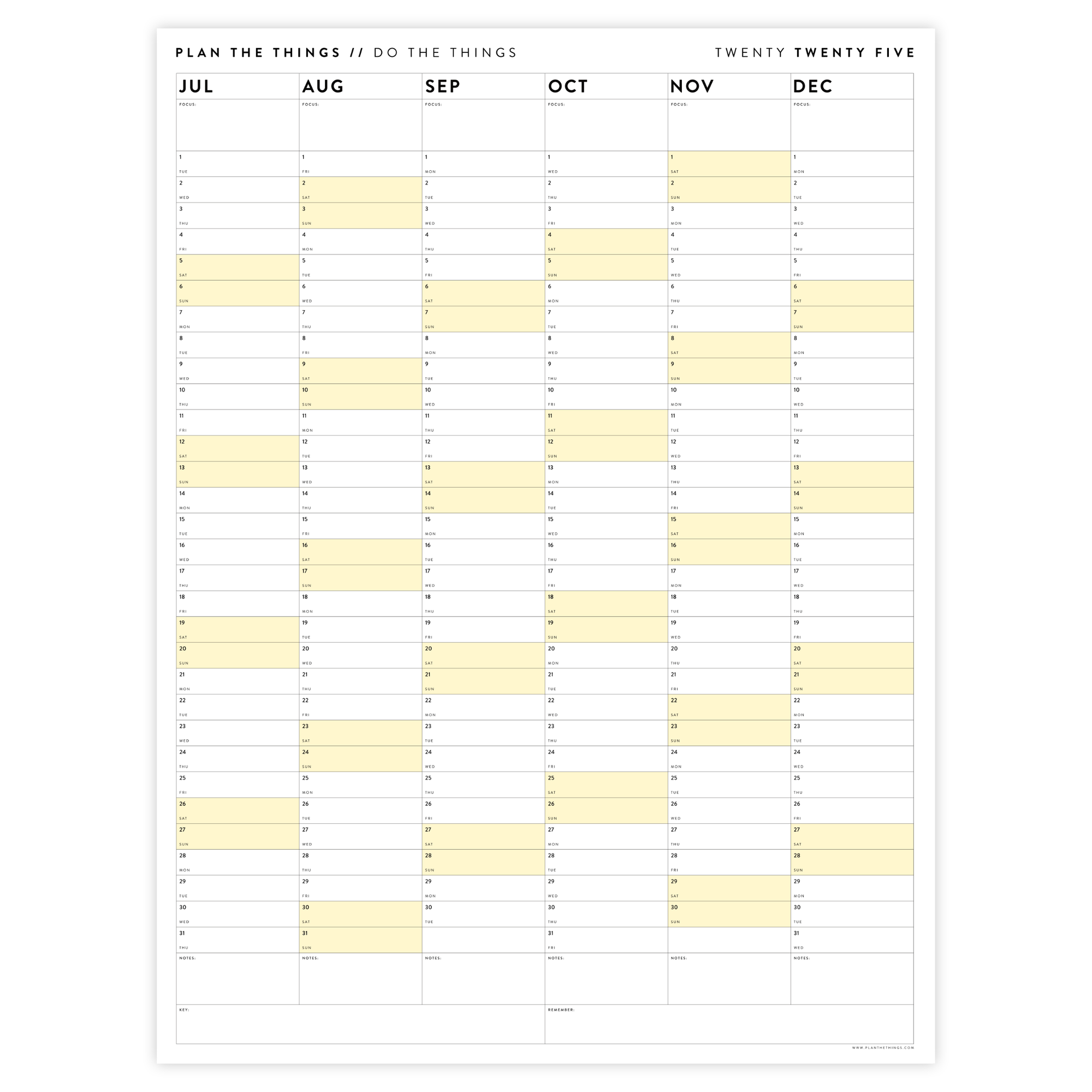 SIX MONTH 2025 GIANT WALL CALENDAR (JULY TO DECEMBER) WITH YELLOW WEEKENDS
