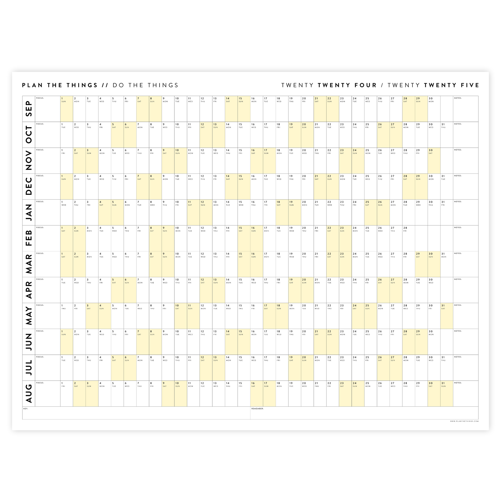 2024 - 2025 ACADEMIC WALL CALENDAR (SEPTEMBER START) | HORIZONTAL WITH YELLOW WEEKENDS