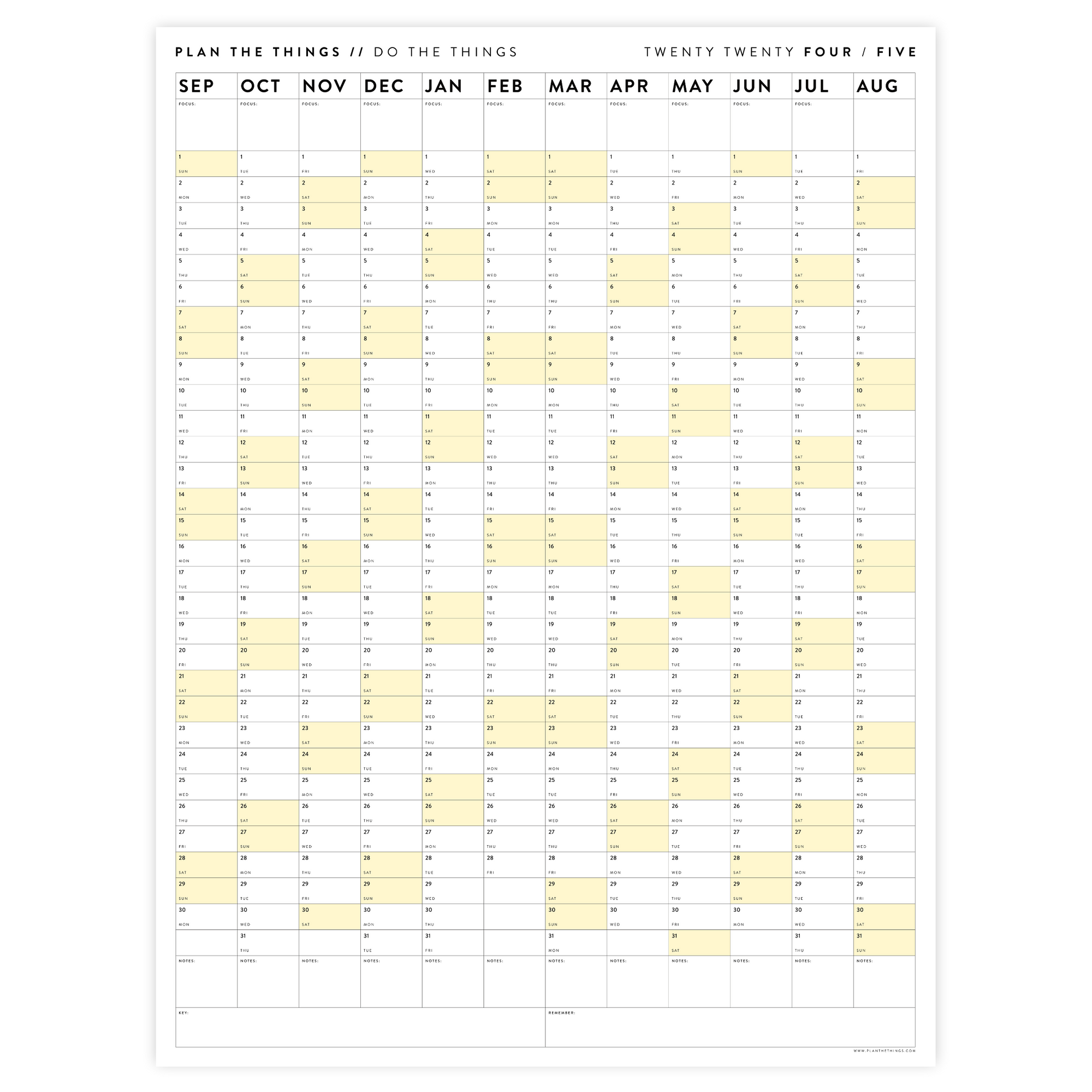 2024 - 2025 ACADEMIC WALL CALENDAR (SEPTEMBER START) | VERTICAL WITH YELLOW WEEKENDS