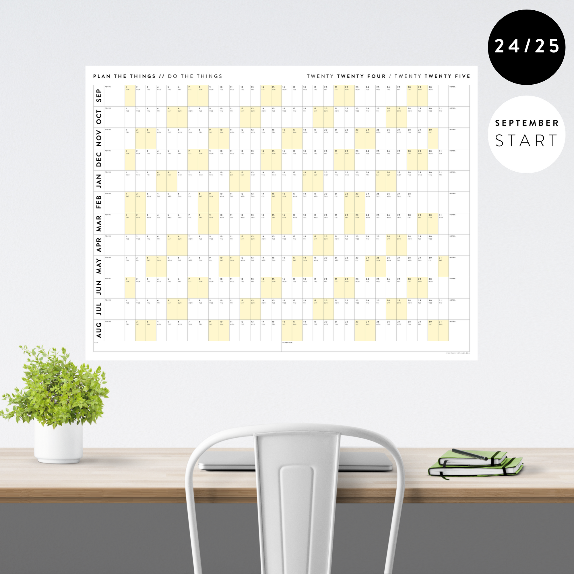 2024 - 2025 ACADEMIC WALL CALENDAR (SEPTEMBER START) | HORIZONTAL WITH YELLOW WEEKENDS