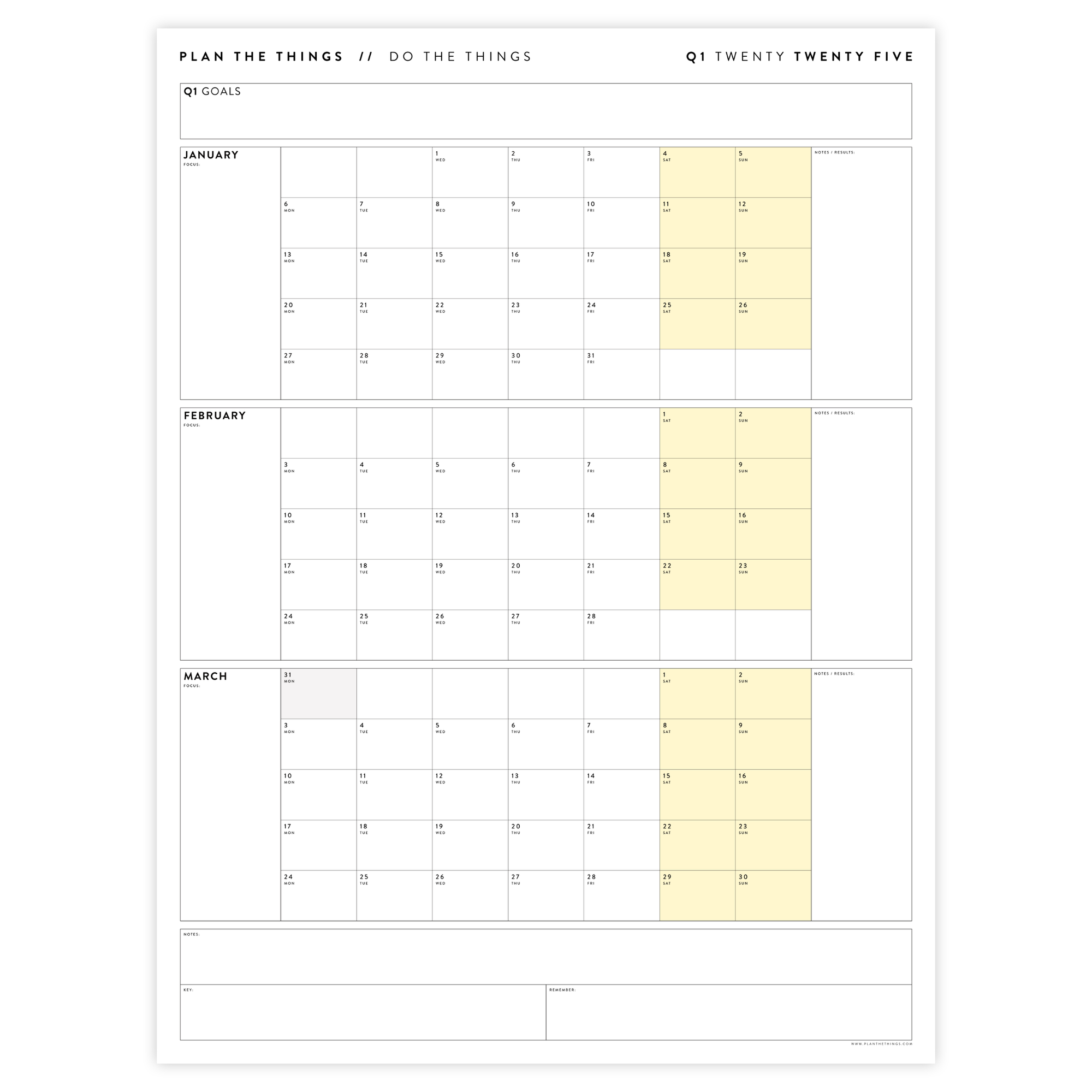 Q1 2025 QUARTERLY GIANT WALL CALENDAR (JANUARY - MARCH 2025) - YELLOW WEEKENDS