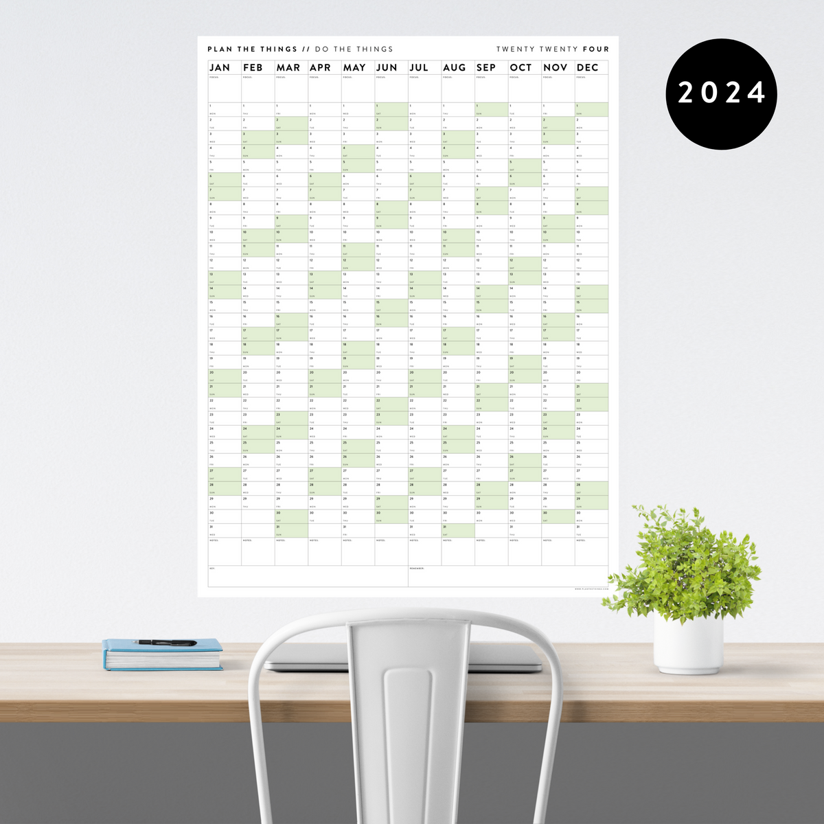 GIANT 2024 WALL CALENDAR VERTICAL WITH GREEN WEEKENDS Plan The Things