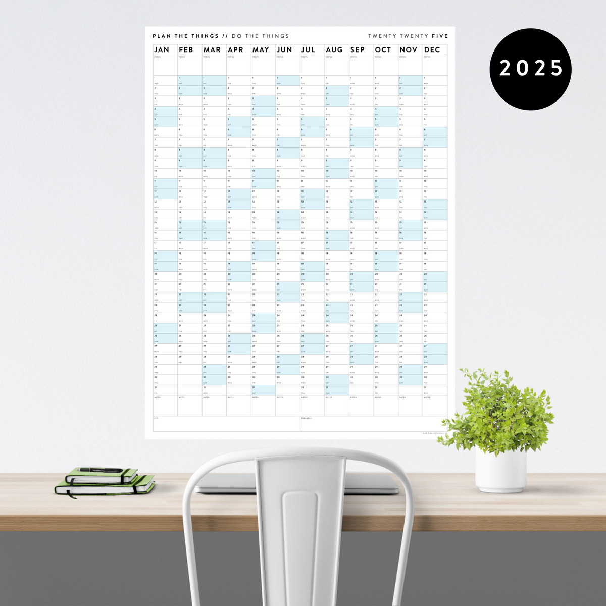 GIANT 2025 ANNUAL WALL CALENDAR VERTICAL WITH BLUE WEEKENDS Plan