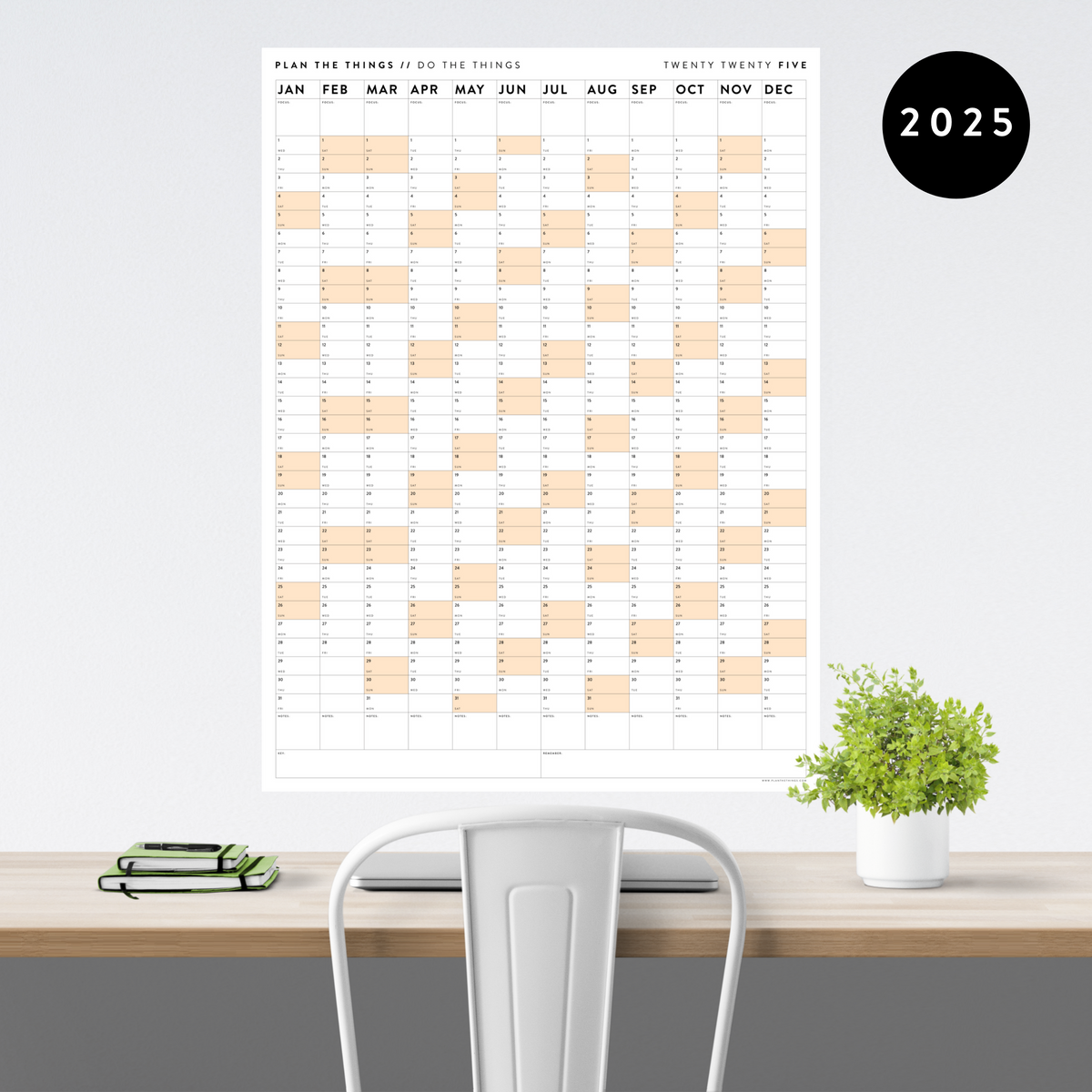 GIANT 2025 ANNUAL WALL CALENDAR VERTICAL WITH ORANGE WEEKENDS Plan