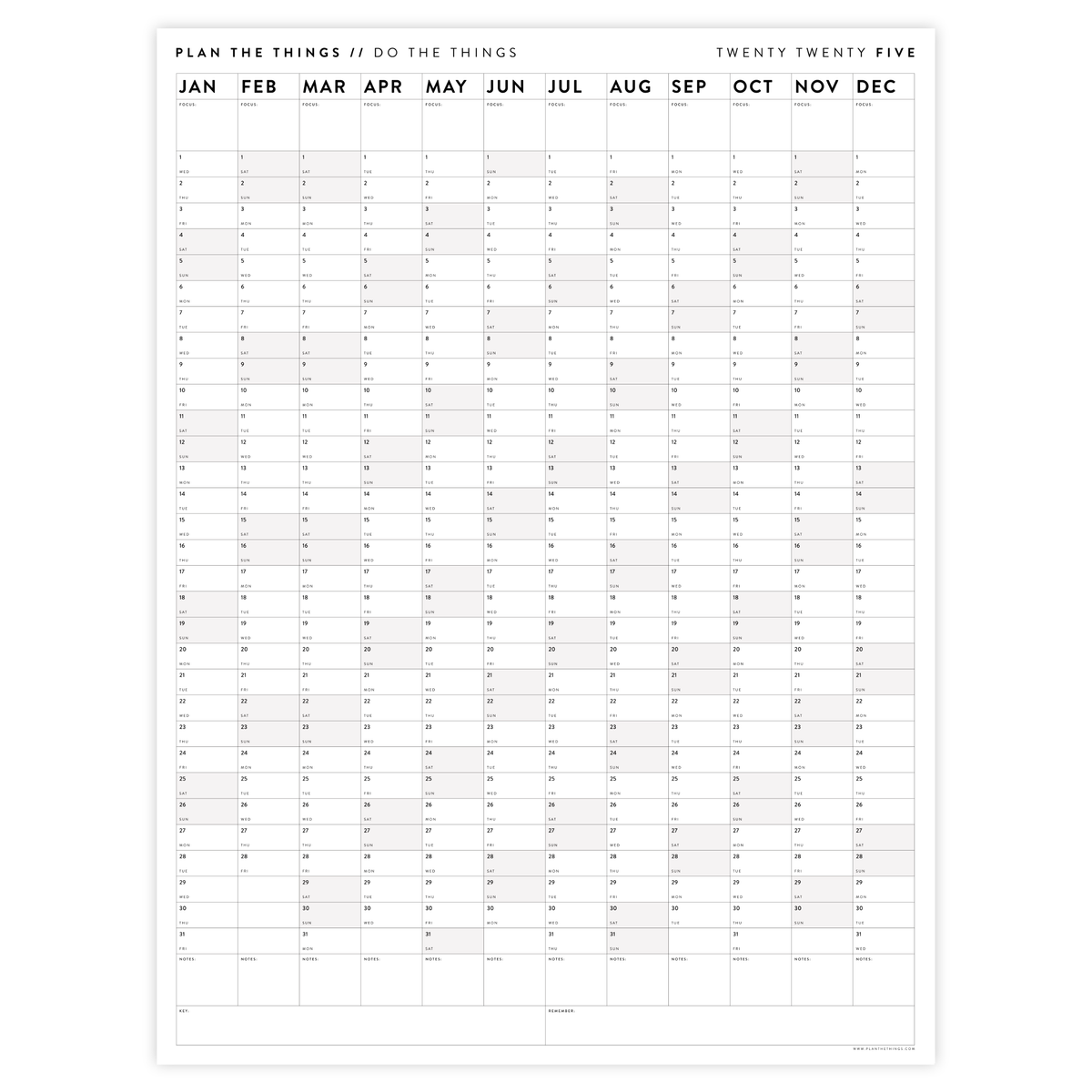 PRINTABLE VERTICAL 2025 WALL CALENDAR WITH GRAY / GREY WEEKENDS INST