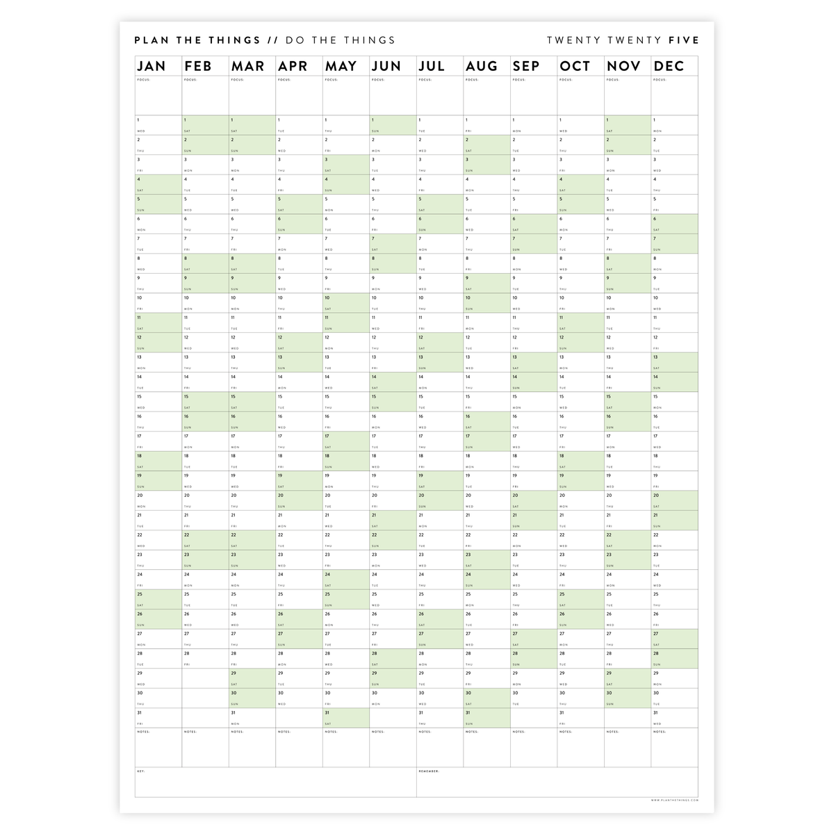 GIANT 2025 ANNUAL WALL CALENDAR VERTICAL WITH GREEN WEEKENDS Plan