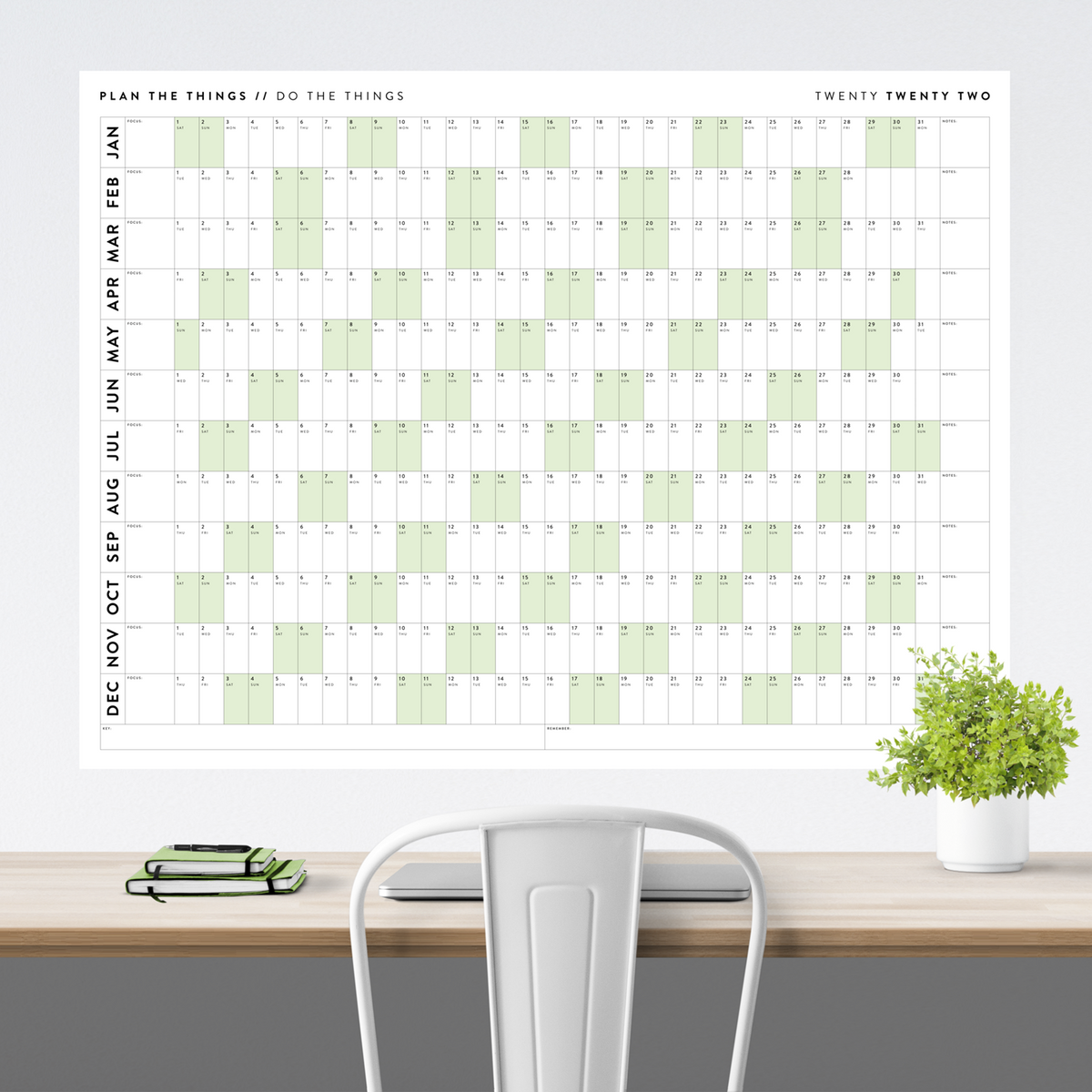 PRINTABLE HORIZONTAL 2022 WALL CALENDAR WITH GREEN WEEKENDS - INSTANT ...