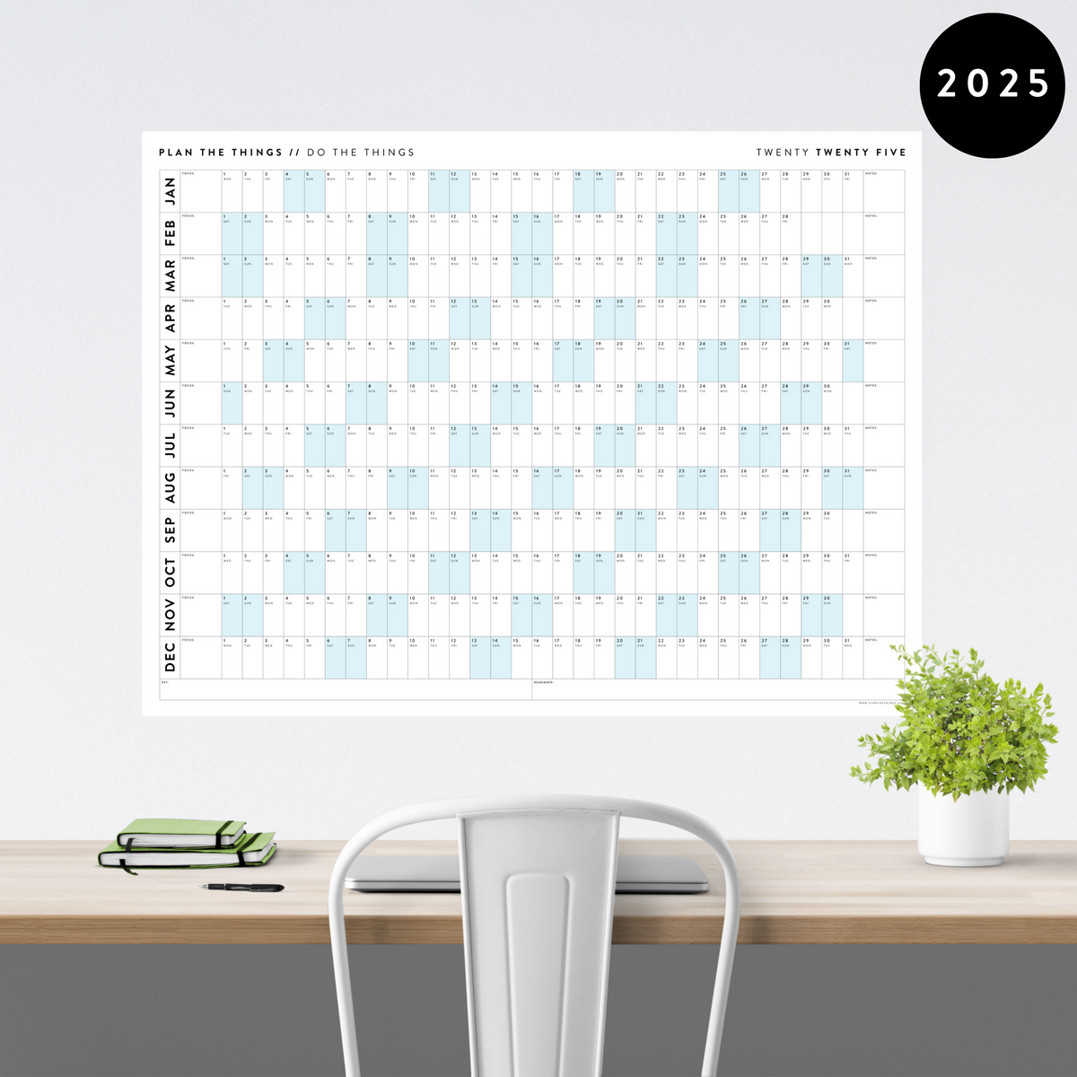 GIANT 2025 ANNUAL WALL CALENDAR HORIZONTAL WITH BLUE WEEKENDS Plan