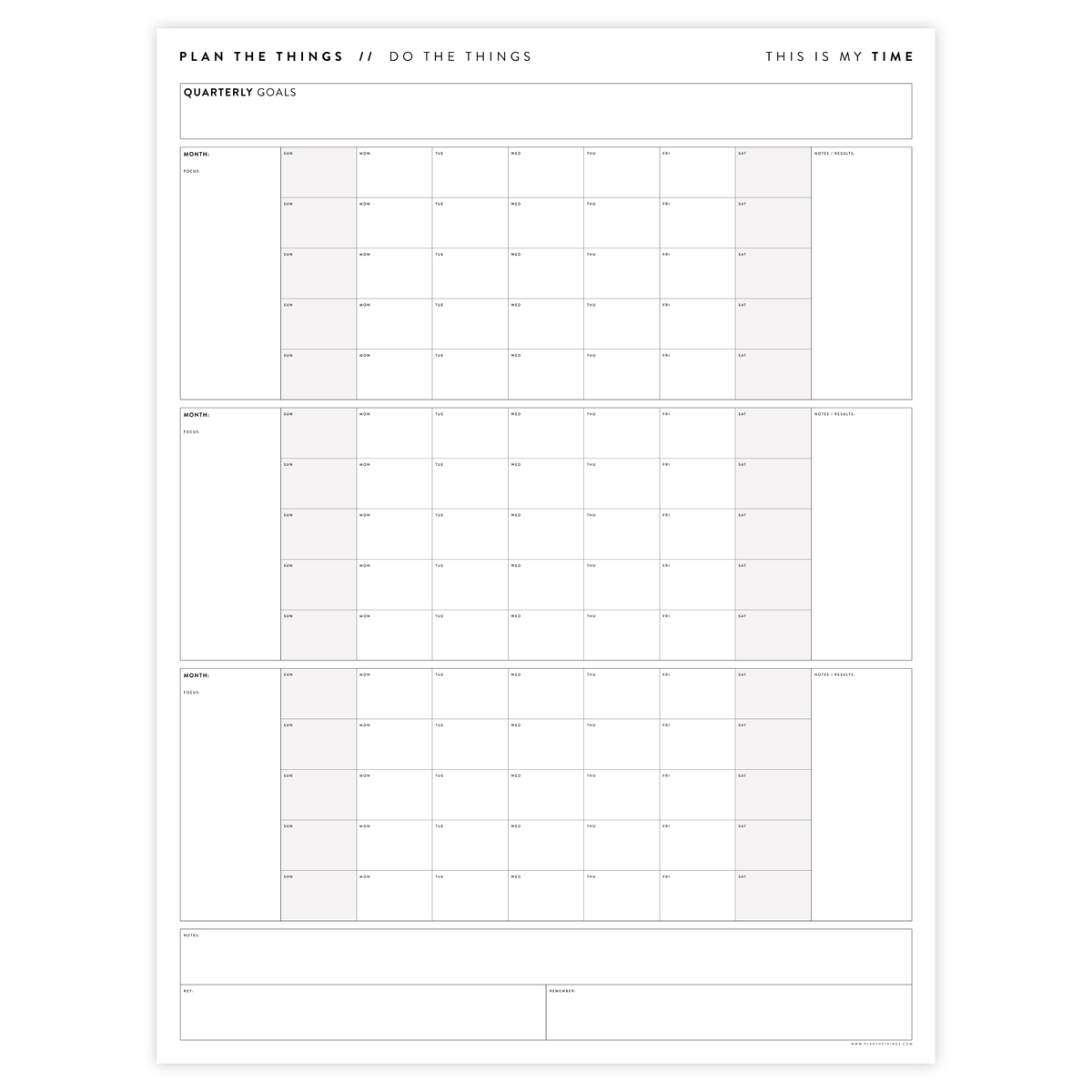 PRINTABLE UNDATED QUARTERLY WALL CALENDAR - SUNDAY START - GRAY WEEKEN ...