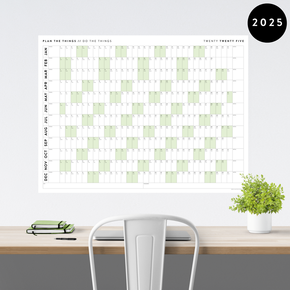 GIANT 2025 ANNUAL WALL CALENDAR HORIZONTAL WITH GREEN WEEKENDS Plan