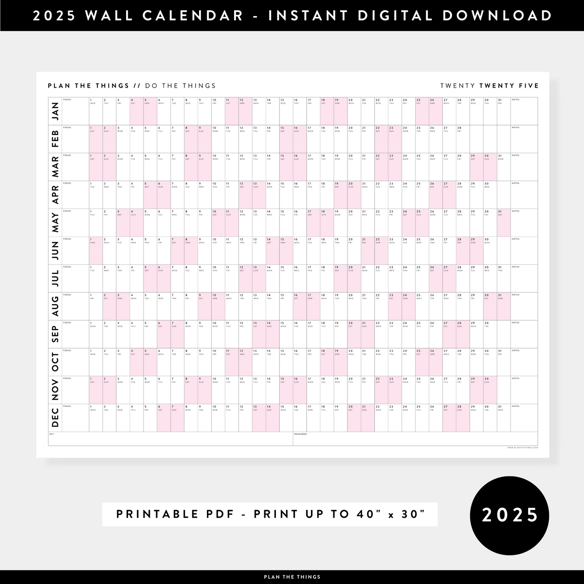 PRINTABLE 2025 HORIZONTAL WALL CALENDAR WITH PINK WEEKENDS INSTANT D