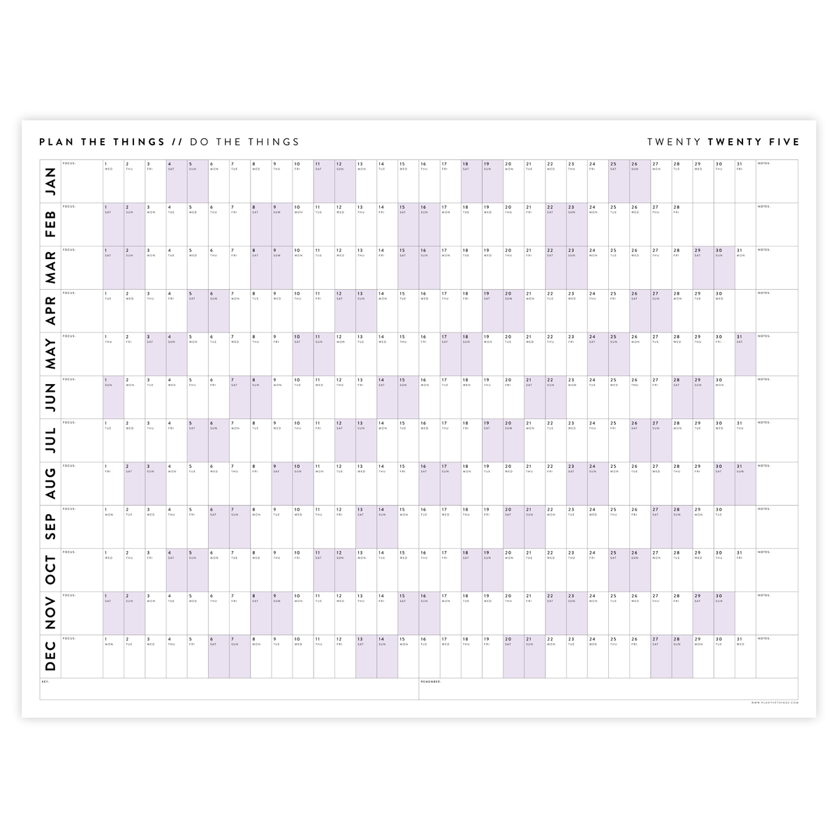 PRINTABLE 2025 HORIZONTAL WALL CALENDAR WITH PURPLE WEEKENDS INSTANT