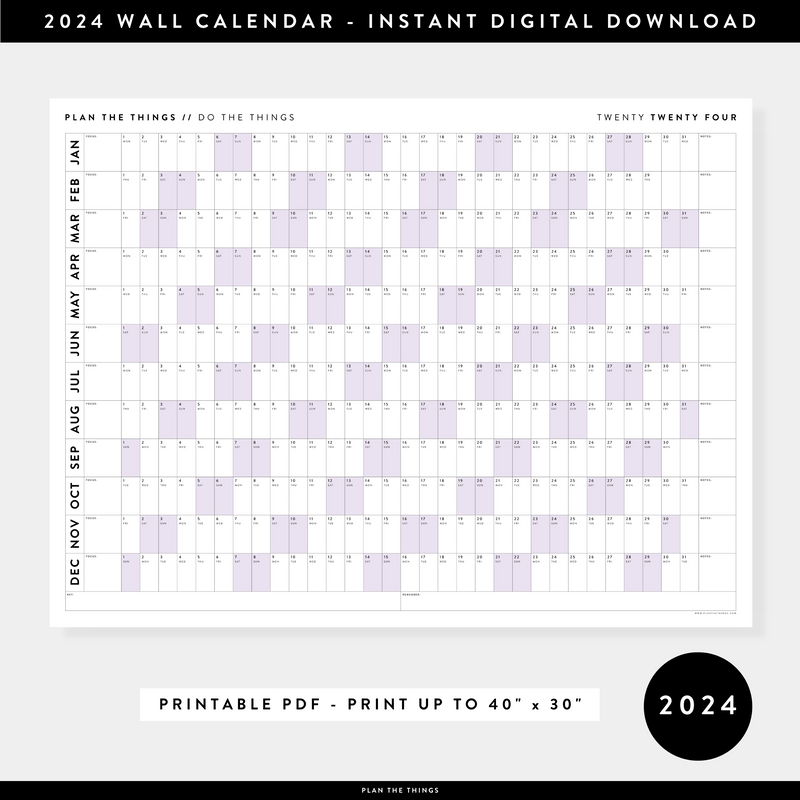 PRINTABLE HORIZONTAL 2024 ANNUAL CALENDARS // INSTANT DOWNLOAD Plan