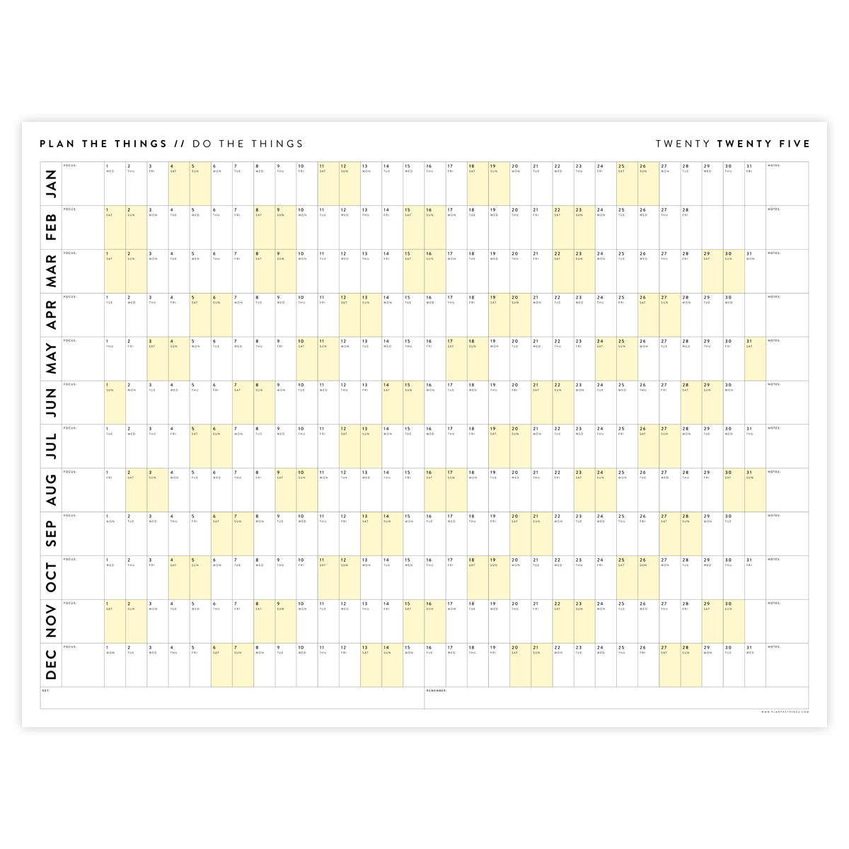 PRINTABLE 2025 HORIZONTAL WALL CALENDAR WITH YELLOW WEEKENDS INSTANT